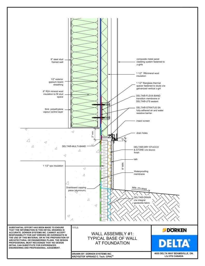 Delta® Stratus SA Wall Assembly - Light Cladding, Steel Frame, Less than 2" Exterior Insulation - Base of Wall At Foundation
