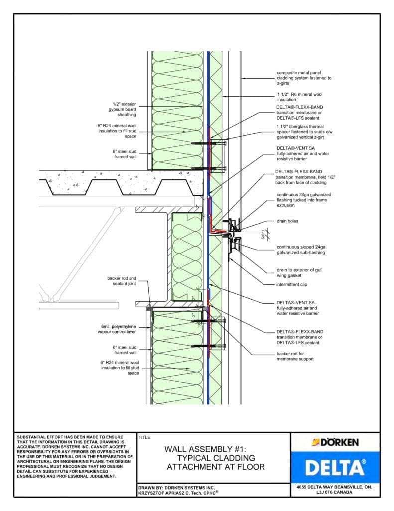 Delta® Vent SA Wall Assembly - Light Cladding, Steel Frame, Less than 2" Exterior Insulation - Cladding Attachment at Floor