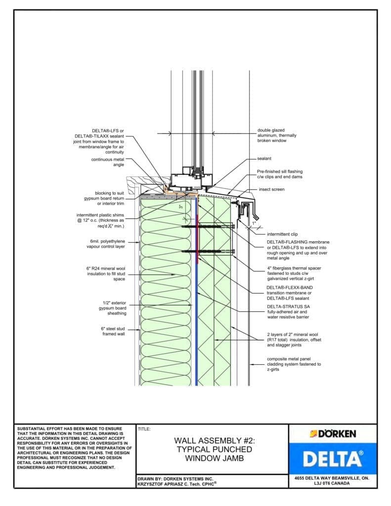 Delta® Stratus SA Wall Assembly - Light Cladding, Steel Frame, More than 2" Exterior Insulation - Punched Window Jamb Vertical