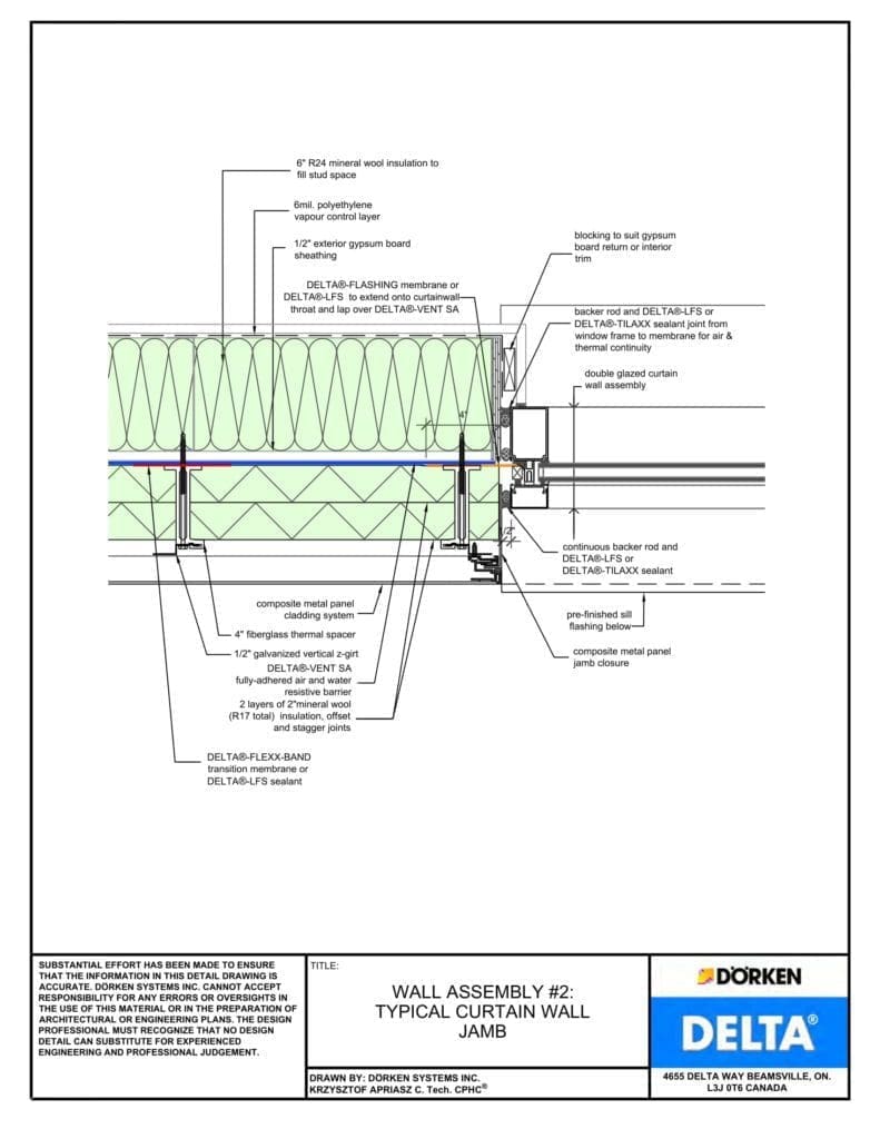 Delta® Vent SA Wall Assembly - Light Cladding, Steel Frame, More than 2" Exterior Insulation - Curtain Wall Jamb