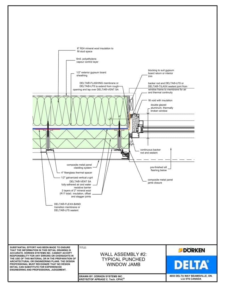 Delta® Vent SA Wall Assembly - Light Cladding, Steel Frame, More than 2" Exterior Insulation - Punched Window Jamb Horizontal