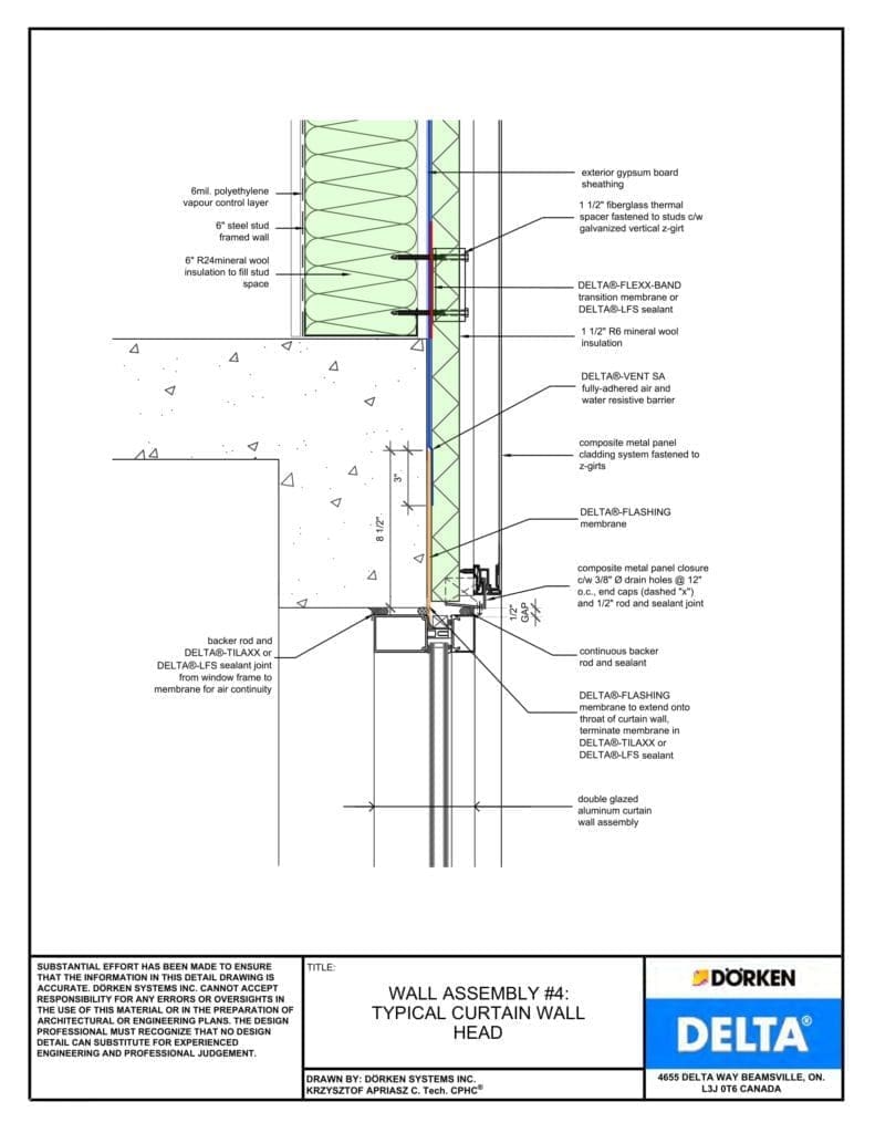 Delta® Stratus SA Wall Assembly — Light Cladding, Concrete Frame, Less Than 2" Exterior Insulation - Curtain Wall Head