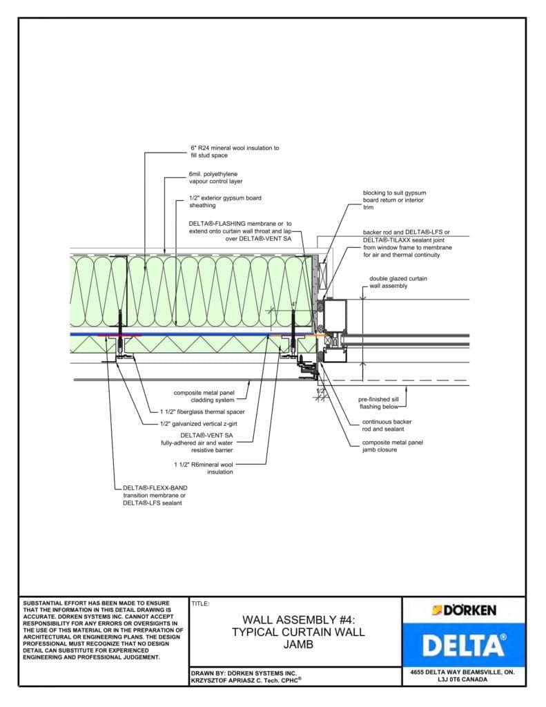 Delta® Vent SA Wall Assembly — Light Cladding, Concrete Frame, Less Than 2" Exterior Insulation - Curtain Wall Jamb