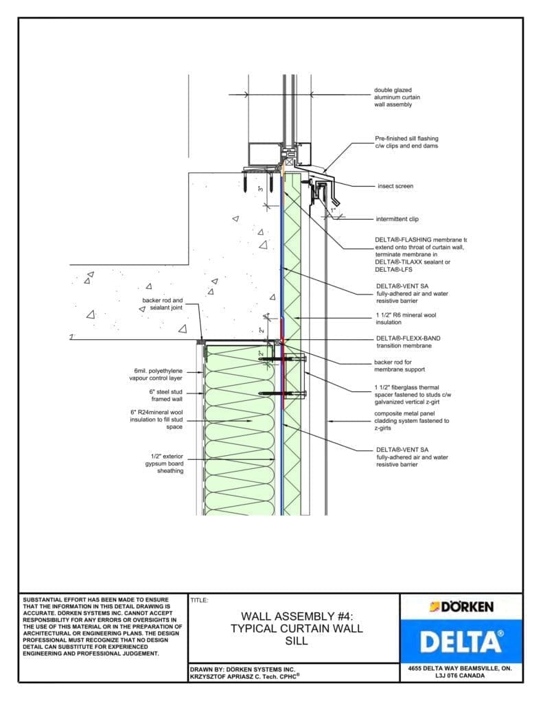 Delta® Vent SA Wall Assembly — Light Cladding, Concrete Frame, Less Than 2" Exterior Insulation - Curtain Wall Sill
