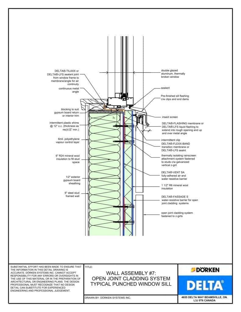 Delta® Fassade S Wall Assembly — Opened Joint Cladding, Steel Frame, Less Than 2" Exterior Insulation - Punched Window Sill