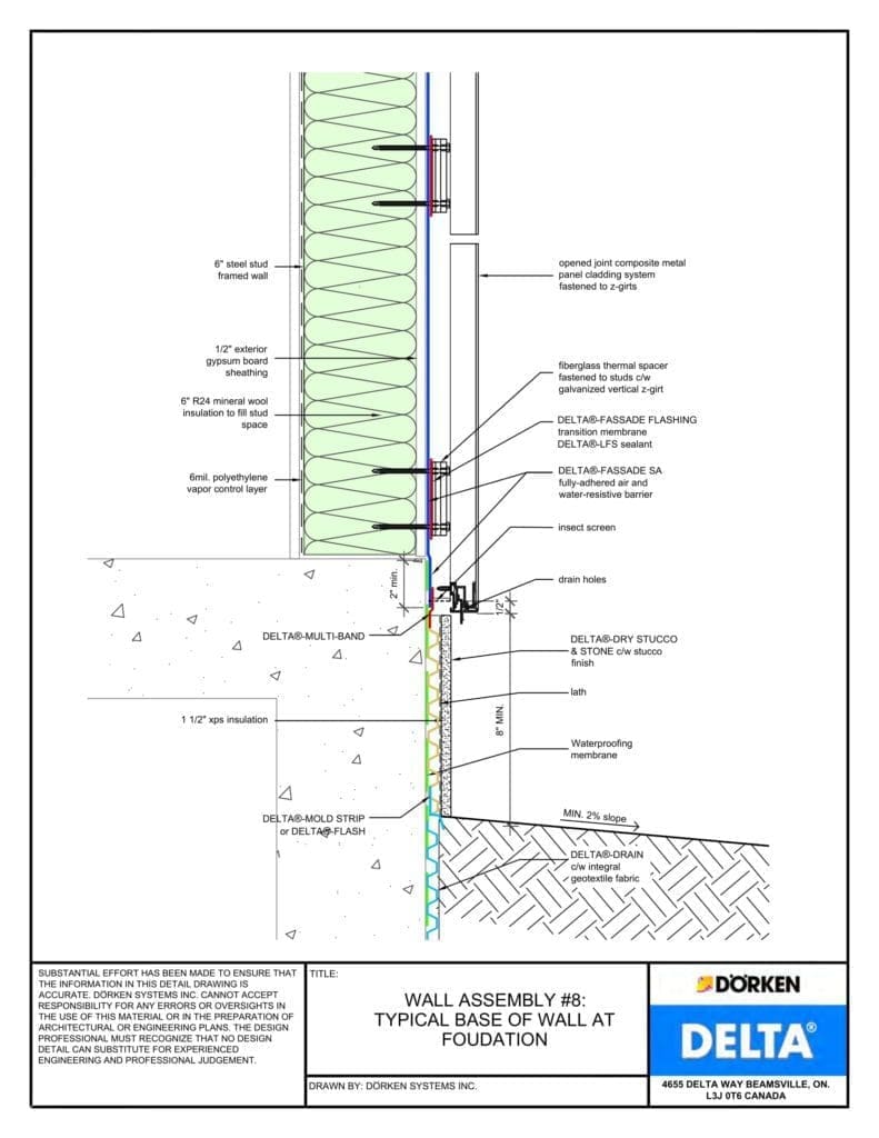 Delta® Fassade SA Wall Assembly — Light Cladding, Steel Frame, 6" Insulation to Fill Stud Space - Base of Wall at Foundation