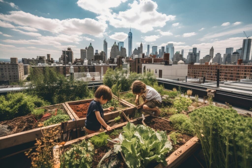 Two young children tend to a roof top garden in NYC, they are affected by nyc local law 97, nyc local law 97