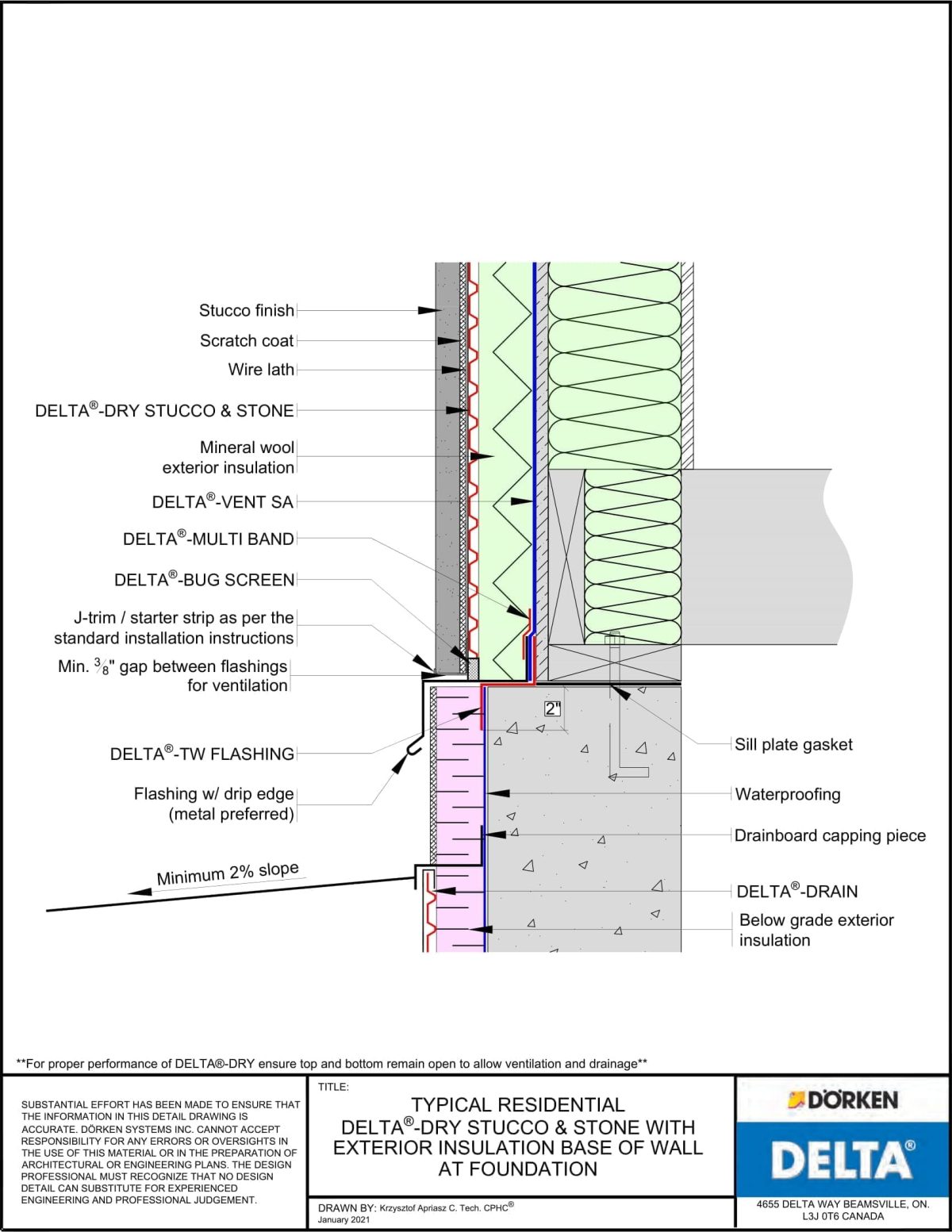 DELTA-DRY-STUCCO-STONE_CEI_Architectural-Detail-Drawings_2022-01-1.jpg Delta® Dry Stucco and Stone Wall Assembly- Exterior Insulation – Base of Wall at Foundation - Image 1